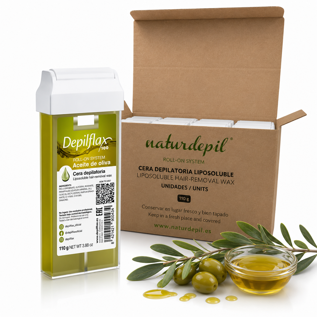 Caja Cera Roll-on DEPILFLAX Aceite de Oliva 110g - 20 und